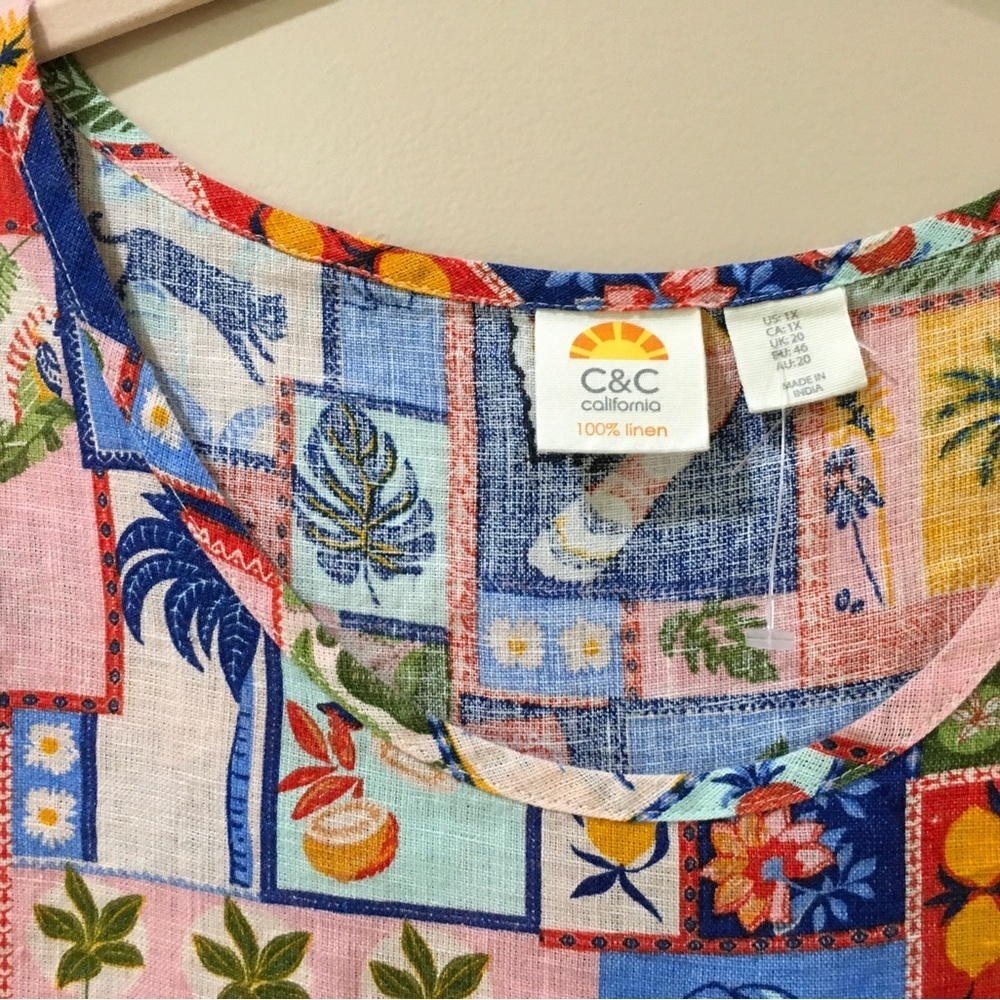 C&C California top patchwork Print 100% Linen Blue Pink women 1X New - Picture 5 of 5